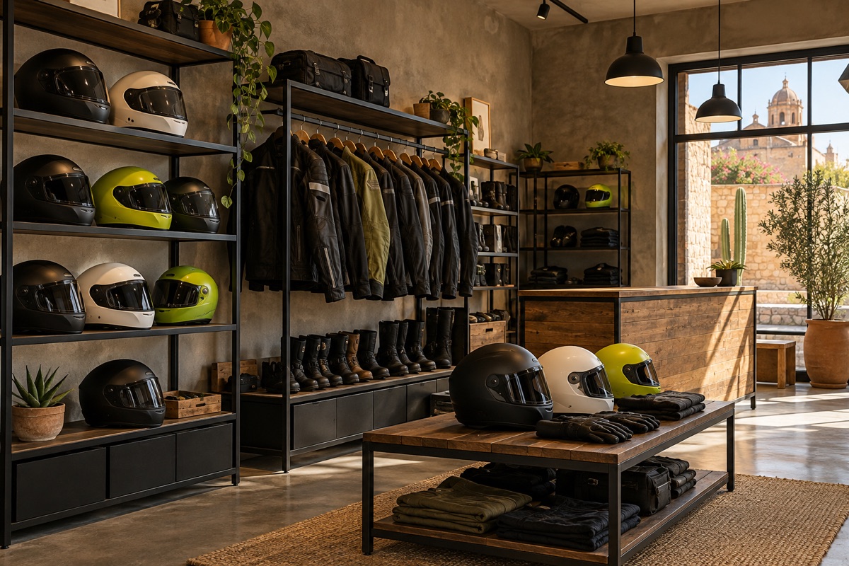 Interior conceptual de una tienda de equipo para motos; no es el local real